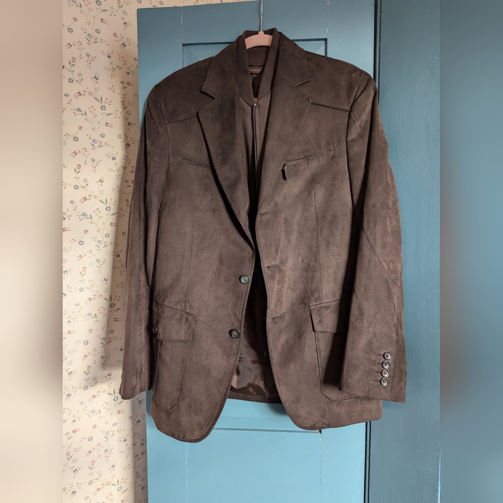 Tasso Elba Jacket Vintage Dark Faux Suede Blazer Attached Zipper Luxury Small